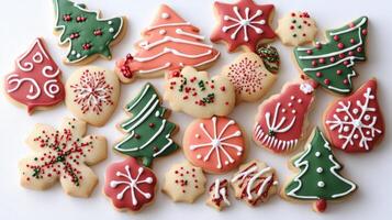 Festive Christmas cookies arranged on a white surface. photo
