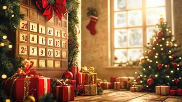 Festive holiday scene with an advent calendar and gifts. photo