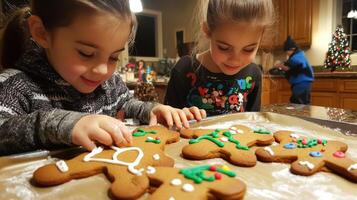 Two young girls decorating gingerbread cookies at home. photo