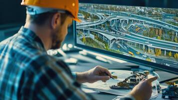 Focused engineer examines highway design on computer screen. photo