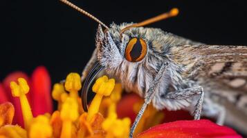 Close-up view of a moth feeding on a flower. photo
