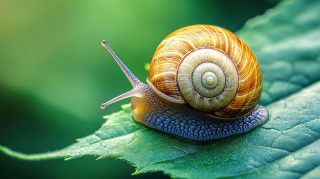 Close-up view of a snail on a vibrant green leaf. photo