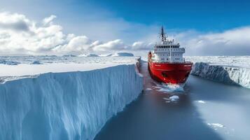 Red vessel navigating frigid glacial passageway. photo