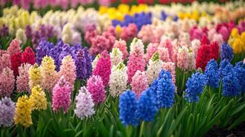 Vibrant array of multicolored hyacinths in a flower field. photo