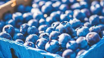 Freshly picked blueberries fill a blue crate. photo