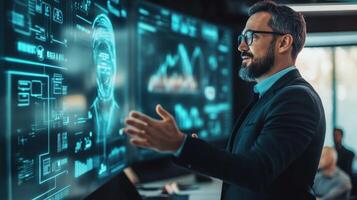 Businessman interacting with holographic display in modern office. photo