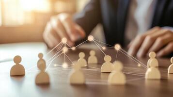 Networked miniature figures on a table surface. photo