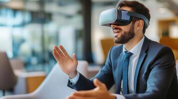 Businessperson experiences virtual reality simulation in modern office. photo