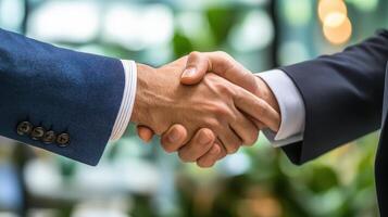 Two business people shaking hands in an office photo