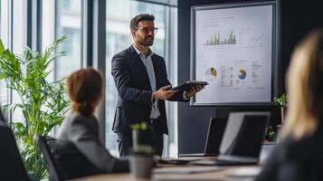 Businessman presenting data to colleagues in a meeting room. photo