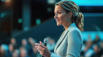 A professional woman giving a presentation at a conference. photo