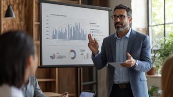 Businessman delivering presentation to colleagues in modern office. photo