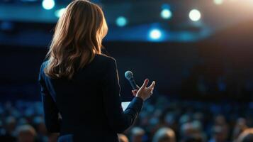 A woman orator addresses a large audience. photo