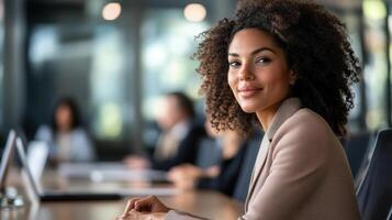 Confident businesswoman seated at a conference table. photo