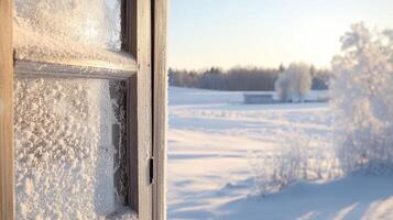 Snowy winter scene viewed through frosted windowpane. photo