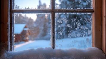 Winter frost patterns on a windowpane overlooking a snowy landscape. photo
