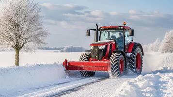 Snowy winter scene with a red tractor plowing a road. photo