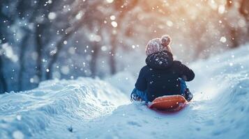 Child sledding through snowy winter landscape. photo