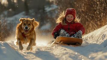 Child and dog sledding down snowy hill in winter sunshine. photo