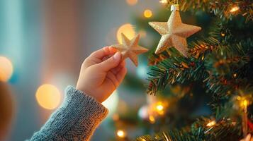 A child's hand adorns a christmas tree with golden stars. photo