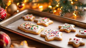 Festive Christmas cookies on a baking sheet. photo