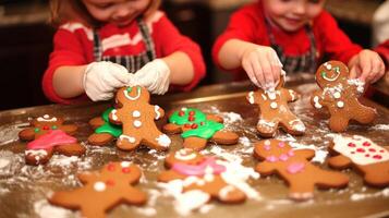 Two young children decorating gingerbread cookies on a baking sheet. photo