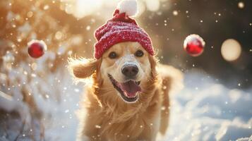 Joyful golden retriever in winter wonderland, wearing a festive red hat. photo