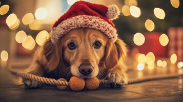 Golden retriever in holiday hat with festive decorations. photo