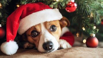 Festive holiday canine companion nestled beneath a Christmas tree. photo