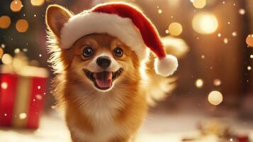 Festive canine wearing a holiday hat, joyful expression. photo