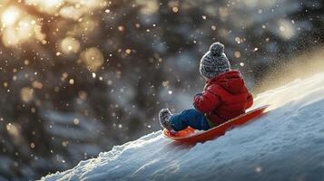 Child sledding down snowy hill at sunset. photo
