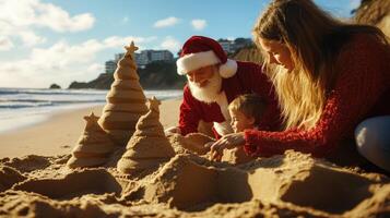 Family creating festive sandcastles on a beach. photo
