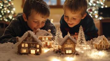 Two boys explore a miniature Christmas village. photo