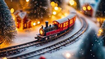 Miniature train scene in a snowy winter village. photo