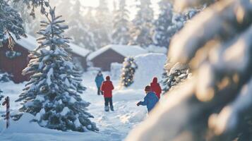 Snowy winter scene with people walking in a village. photo