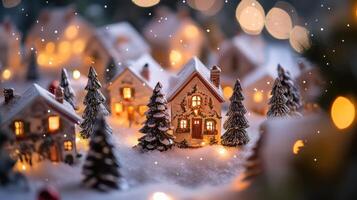 Snowy winter village scene with warm lights. photo