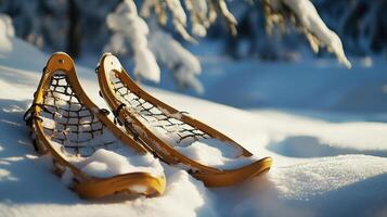 Pair of snowshoes resting on snow-covered ground. photo