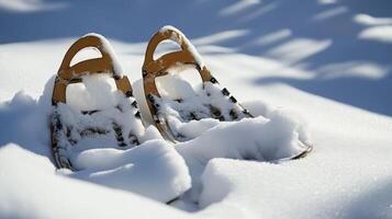 Pair of snowshoes covered in fresh snow on a snowy landscape. photo
