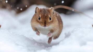A small rodent leaping in the snow. photo