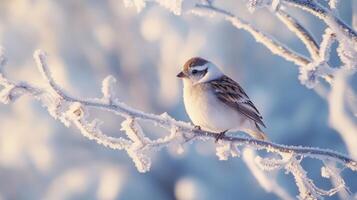 A small bird perched on frosted branches in winter light. photo