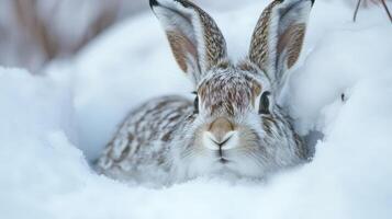 Close-up of a snowshoe hare nestled in a snowy burrow. photo