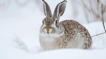 Close-up of a wild rabbit in a snowy landscape. photo