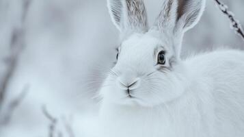 Close-up of a winter hare in a snowy forest. photo