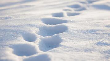 Footprints on a pristine, sunlit snow-covered field. photo