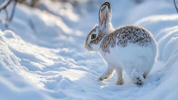 A snowy landscape showcases a wild hare in winter. photo