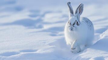 Winter scene featuring a white hare in the snow. photo