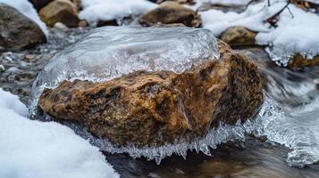Frozen winter rock in a rushing stream. photo
