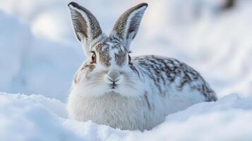 Winter rabbit nestled in snowy landscape. photo