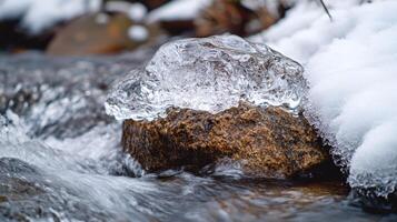 Frozen rock in a winter stream, close-up view. photo