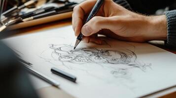 Close-up view of a person drawing a detailed sketch. photo